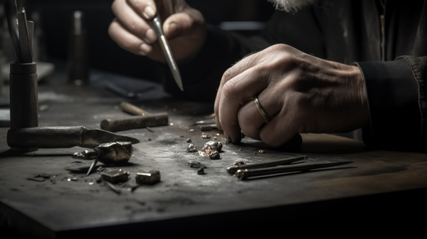Jeweller shaping a piece of metal using various tools and techniques, demonstrating the connection between materials and the design process.