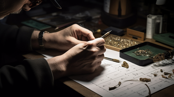 A jeweller concentrating on a design sketch, surrounded by jewellery making materials and tools.