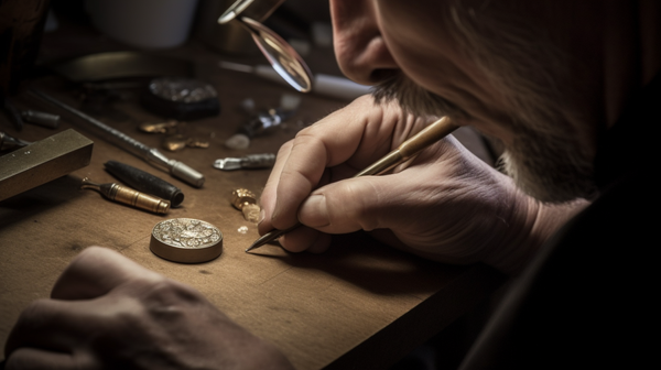 Artisan at work, meticulously engraving a symbolic design into a piece of metal jewelry.