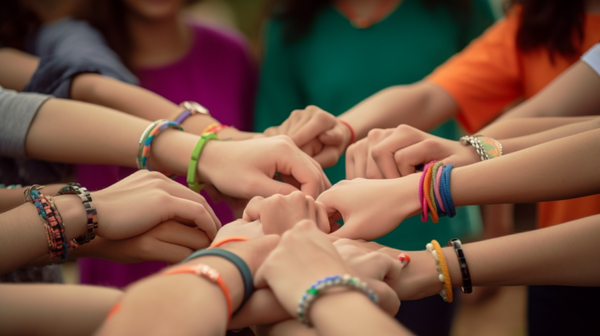 A group of individuals showing off their matching wristbands, symbolizing their common group affiliation.
