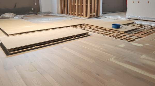 A mid-process shot of wooden flooring being installed over the insulation on a concrete floor