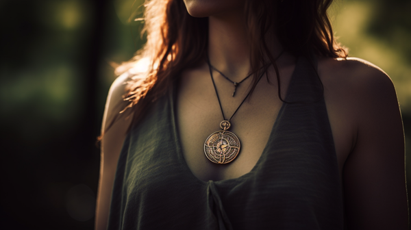 A person wearing a modern amulet in an everyday setting, interacting with it.