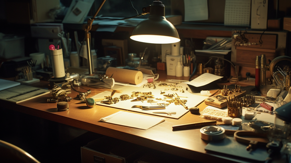 Wide-angle shot of a jeweler's workbench featuring astrologically inspired jewelry designs and an array of crafting tools.