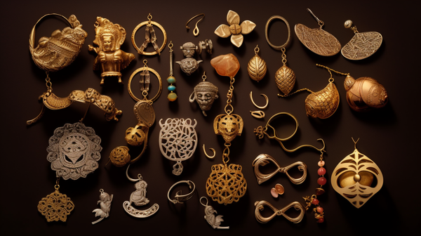 A diverse array of cultural symbols depicted in various pieces of jewelry.