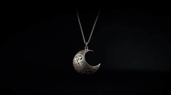 A silver moon pendant on a chain against a dark backdrop, symbolizing femininity and intuition.