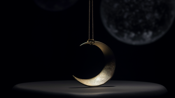 A silver moon pendant on a chain against a dark backdrop, symbolizing femininity and intuition.