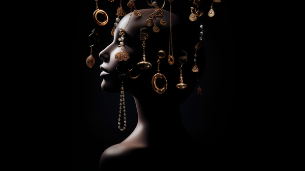 A creative representation of the subconscious mind, depicted as jewelry pieces floating around a silhouette of a head, symbolizing the deep-seated influences on our jewelry choices.