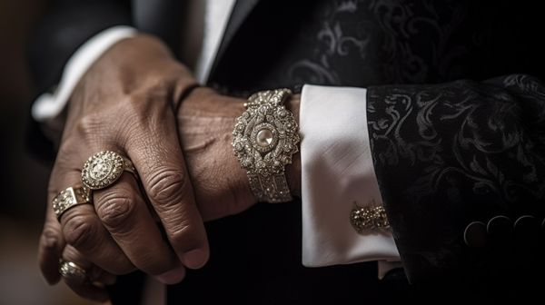 An individual at a prestigious event adorned with extravagant jewelry, highlighting the correlation between luxurious accessories and high social status.