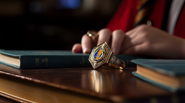 A stylish individual leaning on a stack of books, wearing a ring prominently featuring a school emblem, symbolizing educational pride and achievement.