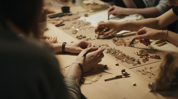 Jewellery making class in progress, with students working on projects and receiving guidance from an instructor
