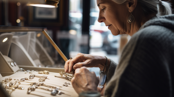 An individual appreciating a piece of jewelry in a store or as a gift.