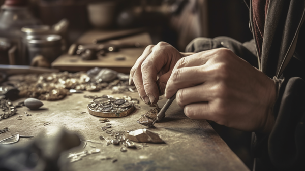 Jeweller's hands meticulously shaping a piece of metal in a workshop.