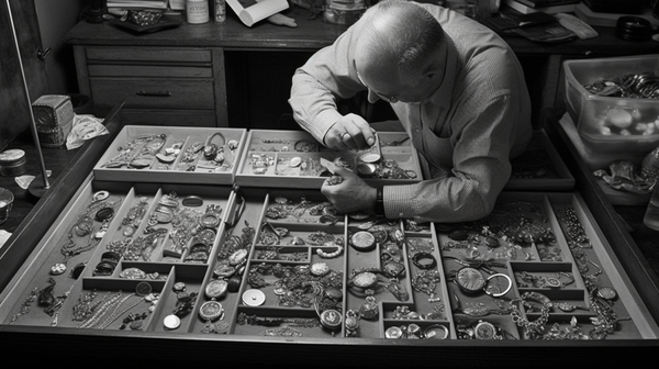 An engaged collector examines a piece from their eclectic jewelry collection.