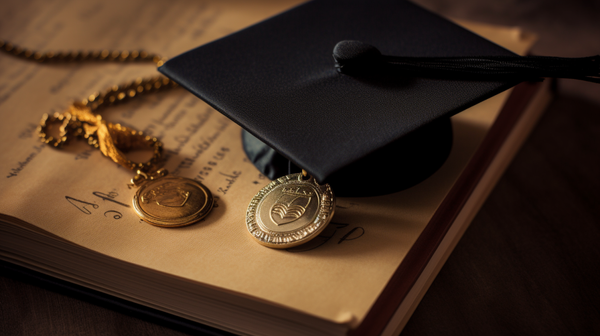 A gold locket laid atop a graduation cap and diploma, representing the significant life events often marked with jewellery.