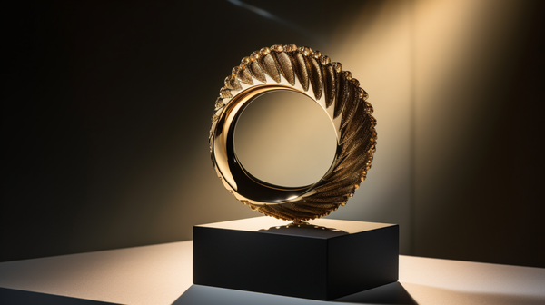 Elegant art jewelry piece by a renowned jeweler, displayed on a stand against a minimalist backdrop, showcasing exquisite design and craftsmanship.