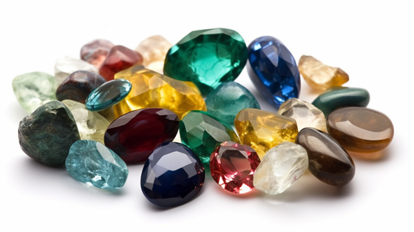 A variety of colorful and diverse gemstones displayed on a white background, representing the wide range of gems studied in gemmology.