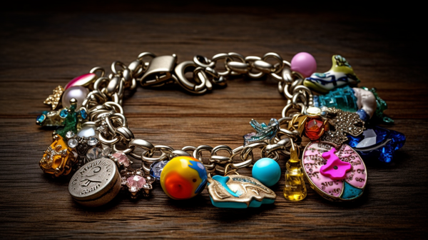 A close-up image of a charm bracelet filled with unique and quirky charms.