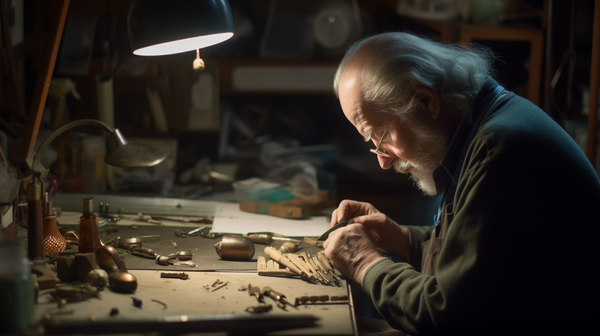 A portrait of a renowned artist-jeweler, engrossed in crafting a piece of jewelry in their workshop, surrounded by various tools and materials
