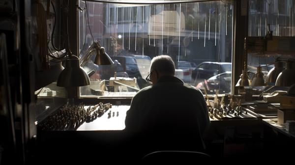 A "reflective" shot of an independent jeweler looking out of their workshop/manufactory window