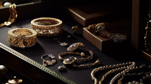 An array of high-end designer jewelry showcasing diamonds, platinum, and gold, symbolizing wealth and social status.