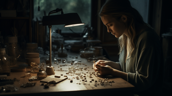 An individual working on a jewellery project in a serene workshop setting, appearing relaxed and focused