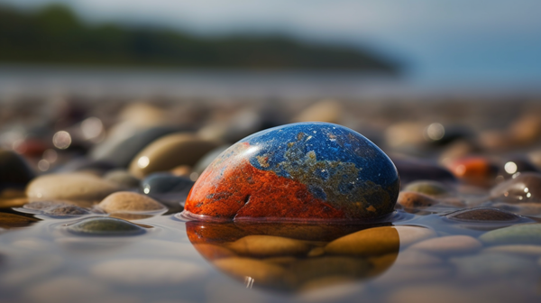 A naturally polished pebble with unique coloration rests on a riverbank, symbolizing the origins of stone jewelry.