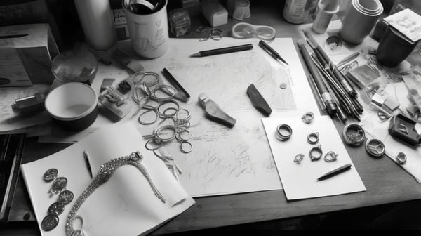 Overhead view of a jeweler's workspace, showcasing the design process, from sketches to work-in-progress pieces.