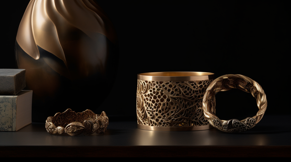 A holloware vase and a cuff bracelet side by side, showcasing the adaptation of voluminous, three-dimensional holloware concepts in jewellery design.