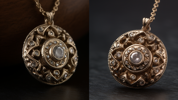 A side-by-side image of a piece of jewelry from the front and the back