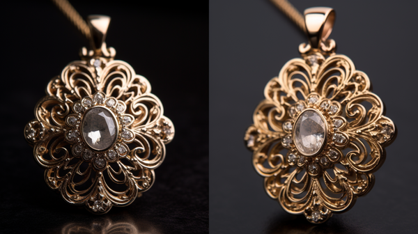 side-by-side image of a piece of jewelry from the front and the back, highlighting the difference