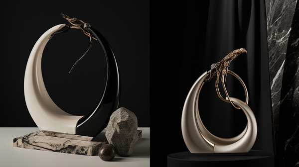 A side-by-side comparison of an abstract sculpture and a statement piece of jewellery, emphasizing their shared artistic values and creative expression.