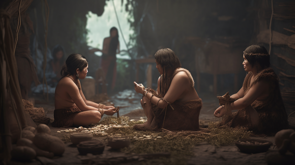 Prehistoric people engaged in daily activities, adorned with primitive ornaments made from bone, shell, and stone.