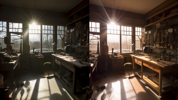 Time-lapse image showing the changing intensity and direction of natural light in a horology workshop from morning to evening.