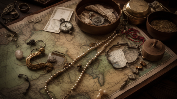 A variety of historical and modern jewellery pieces spread out on an aged map, representing the evolution of personal decoration.