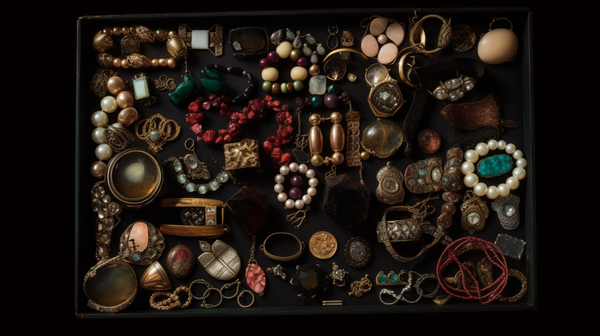 A diverse collection of antique, ethnic, and avant-garde jewelry pieces representing the varied interests of a collector.