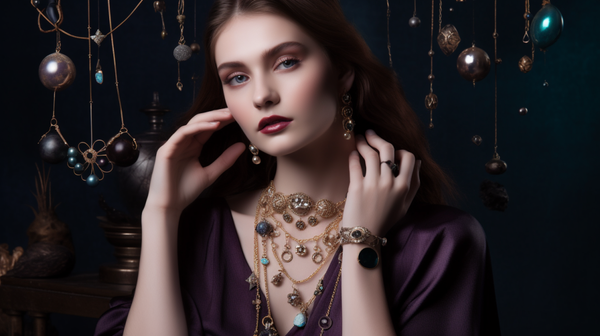 Model wearing a variety of astrologically-inspired jewelry pieces in natural light.