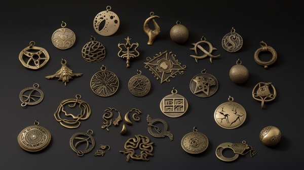 An array of jewelry pieces showcasing a variety of irrational symbols, including mythical creatures and abstract forms.