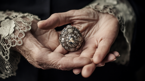 A vintage heirloom ring delicately held in a person's hand, depicting the personal connection and inherited legacy associated with the jewelry.