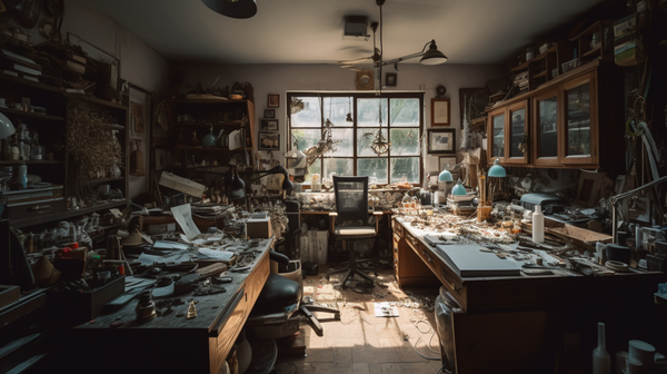 A bustling jewellery studio filled with sketches, tools, and works in progress, 