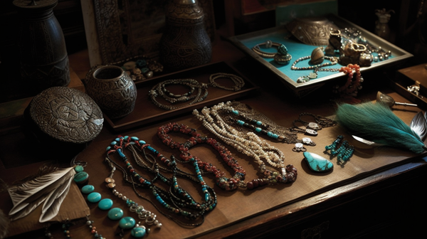 A beautiful array of traditional Native American jewelry, featuring turquoise rings, beaded bracelets, and feathered earrings.