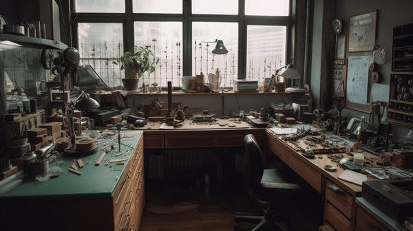 A wide shot of a watchmaker's workshop, showing the flooring and highlighting the overall workspace