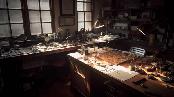 A watchmaker's workshop bathed in the soft, even light from a north-facing window, casting soft shadows around the tools and watches on the workbench.