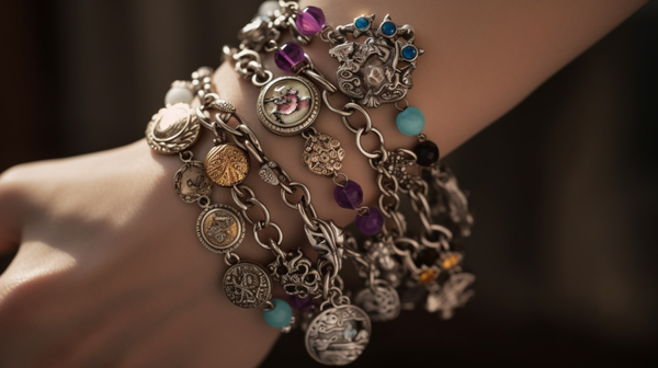 Close-up of modern, unique jewellery pieces worn, showcasing non-traditional materials and innovative designs.