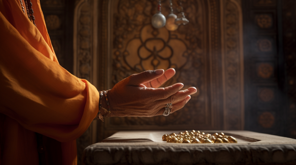 A close-up shot of hands gently offering a jewel at a religious site, portraying an act of faith and reverence.