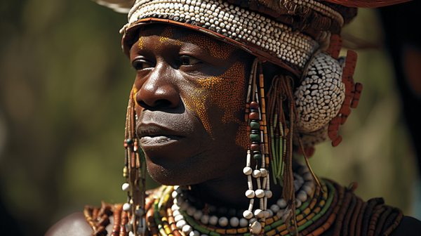 An African tribal chief wearing ornate beadwork, symbolizing status and wealth.