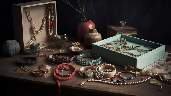 A display of diverse handmade jewellery pieces created by women artists, showcasing their unique styles, materials, and techniques