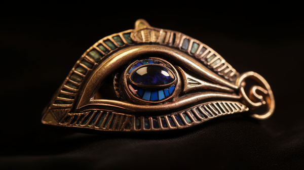 Close-up shot of an ancient Egyptian Eye of Horus amulet in warm lighting.