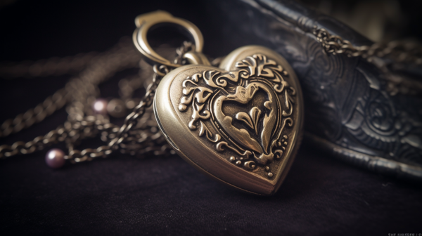 An antique heirloom jewellery piece with a heart symbol, placed on an old, handwritten letter, signifying personal memories and collective histories.