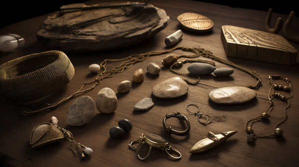 Assortment of replica prehistoric jewelry arranged on a natural surface, showcasing diverse designs and materials.