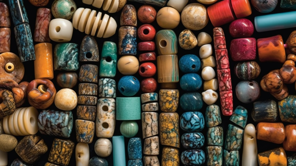 Diverse collection of shell and bone beads in various colors, shapes and sizes, displaying their unique textures and the artisans' dyeing skills.